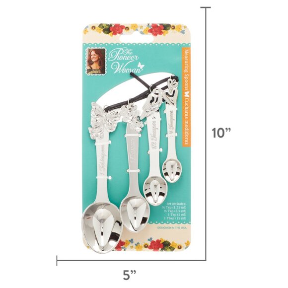 Pioneer Woman Metal Measuring Spoons Cowboy Rustic 4pc Butterfly Bird Floral New - Picture 4 of 4